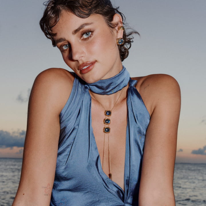 Image of Taylor Hill wearing Scallop Necklace and Scallop Studs