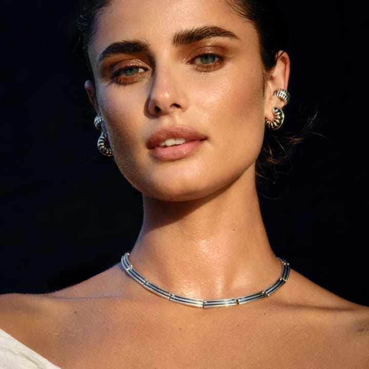 Image of the Barrel Collection on model Taylor Hill.
